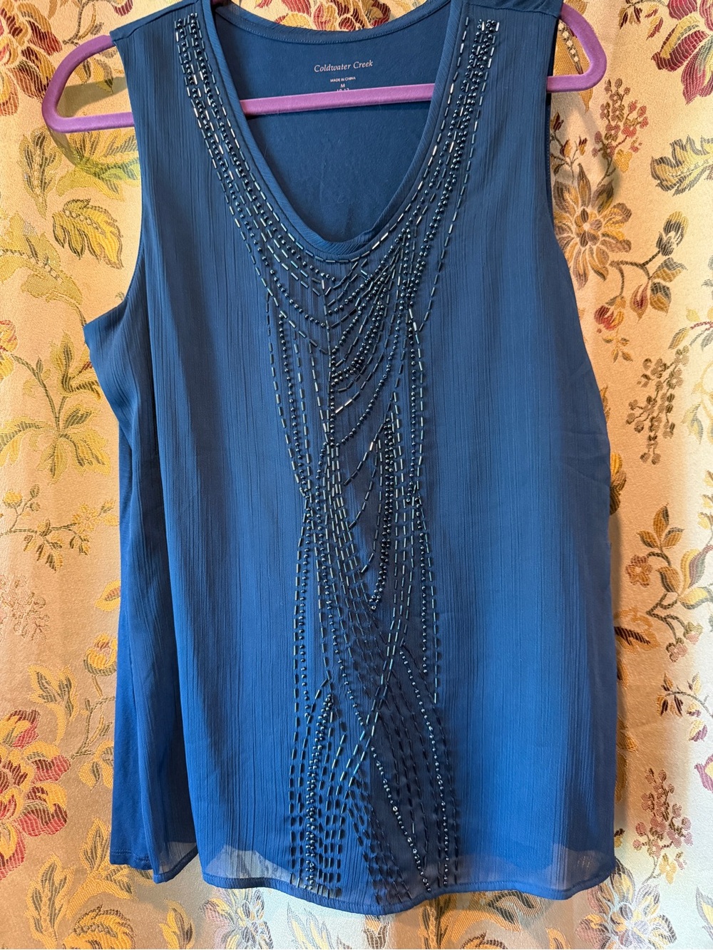Coldwater Creek M Sleeveless Beaded V-Neck Blouse in Navy